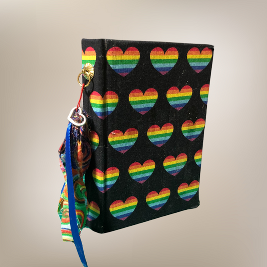 Hand crafted Journal Black with Rainbow Hearts (Medium Size)