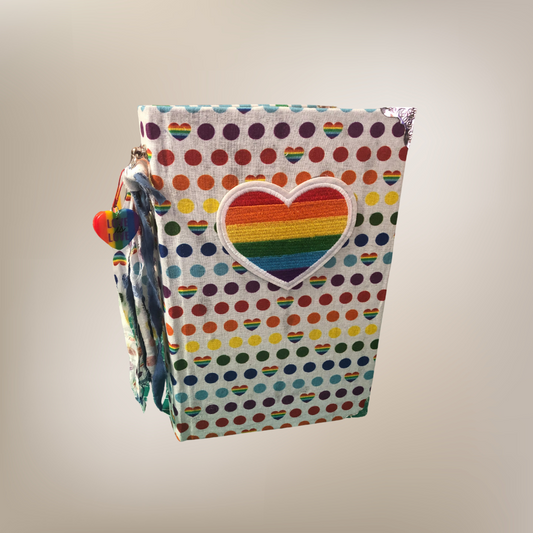 Handcrafted Journal with Rainbow fabric and Rainbow Heart (Medium)